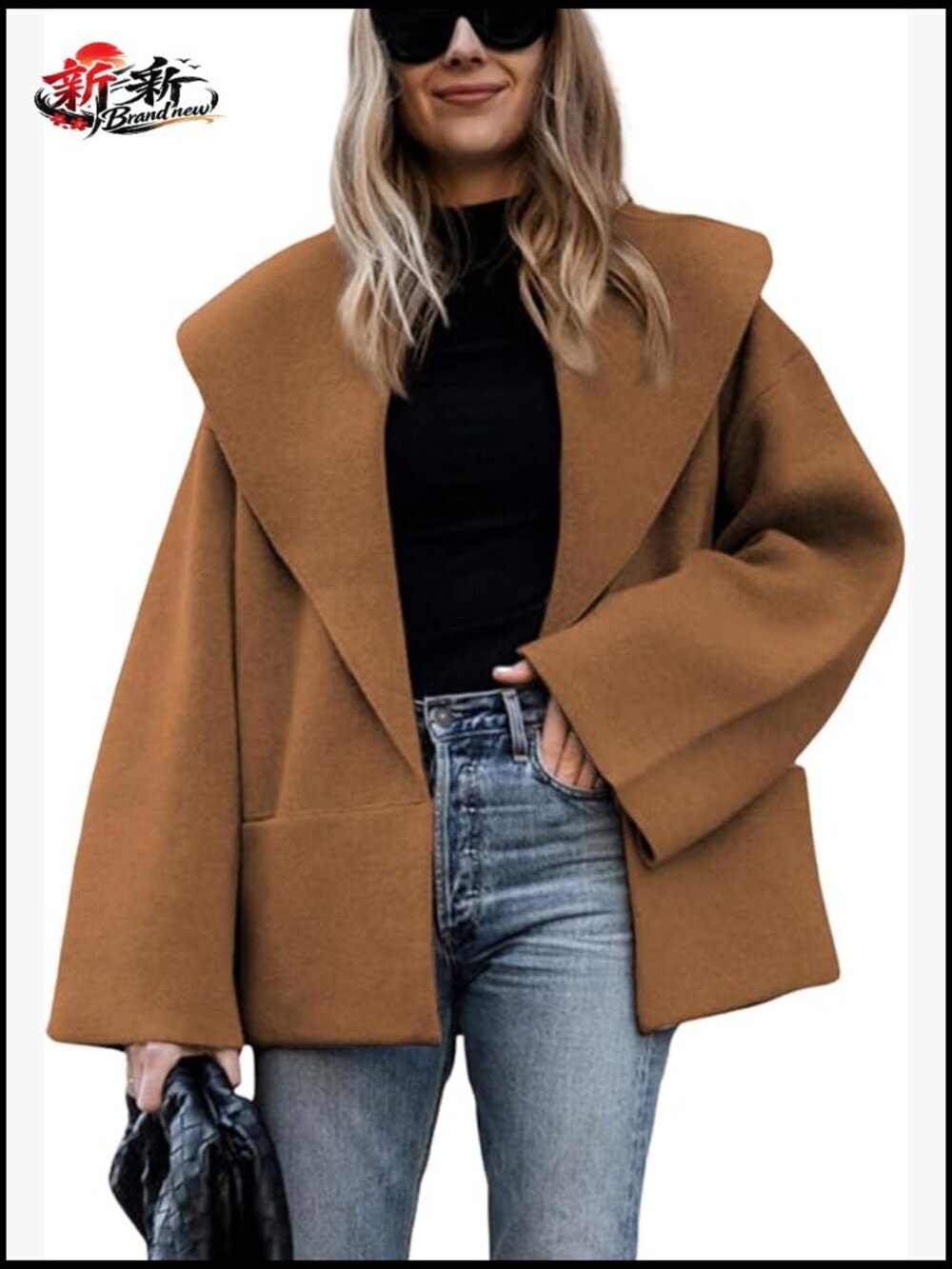 Oversized Shawl Collar Cardigan Cropped Knit Sweater Open Front Bell Sleeves